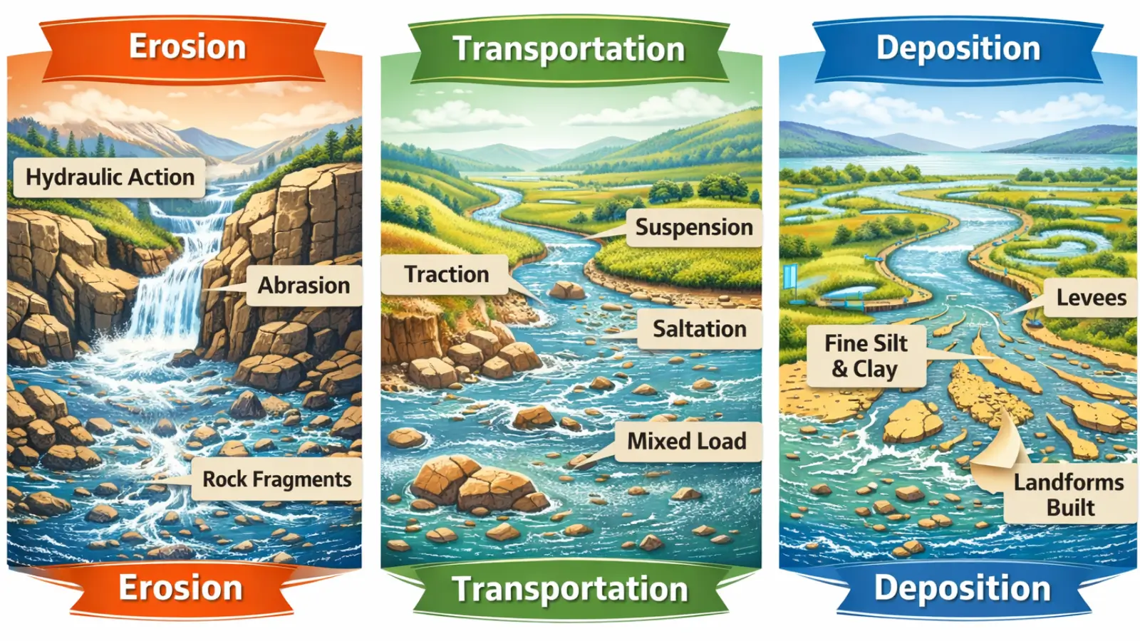 Three Processes of Rivers — Erosion, Transportation, and Deposition