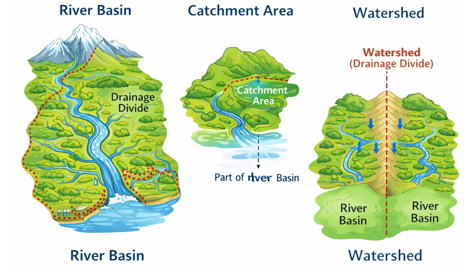 River basin, catchment area, and watershed drainage divide