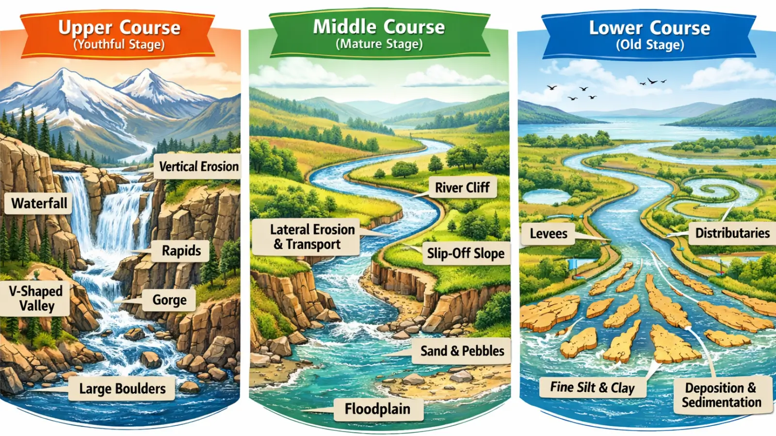 Three Stages Of River Course Upper Middle And Lower